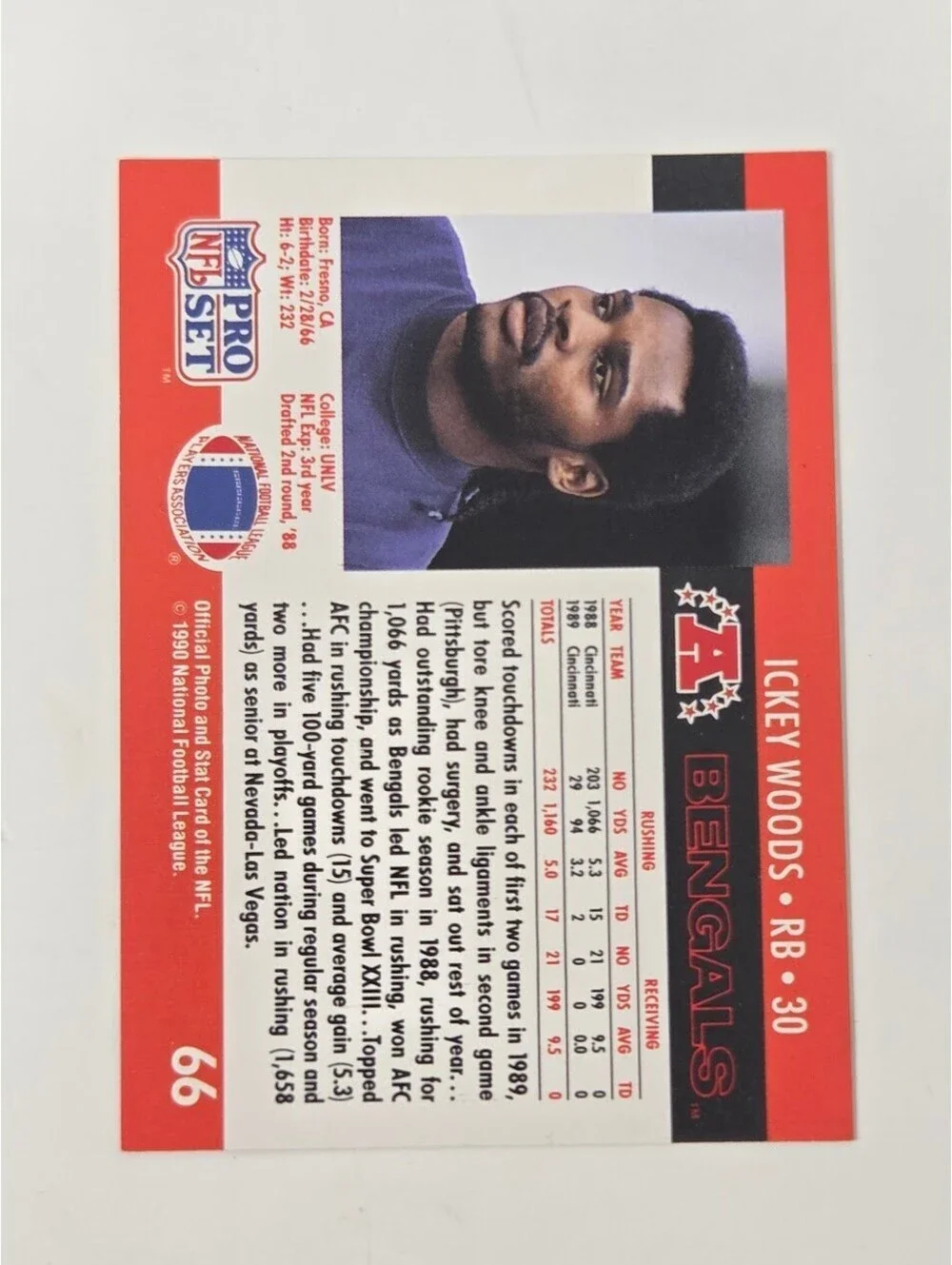 1990 Pro Set Ickey Woods Bengals Signed Running Back Football Card Auto